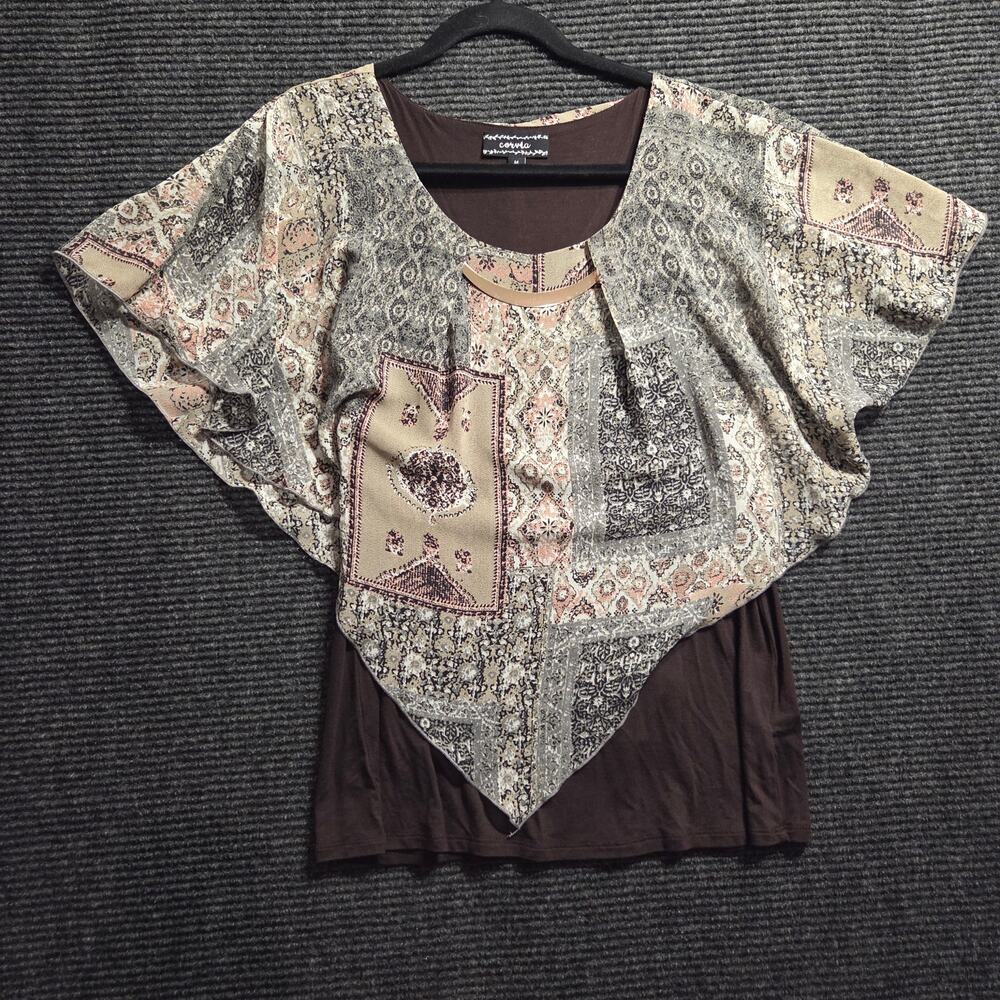 Y2k Boho Flowy Poncho Style Blouse Floral Pink Brown Sz Medium
